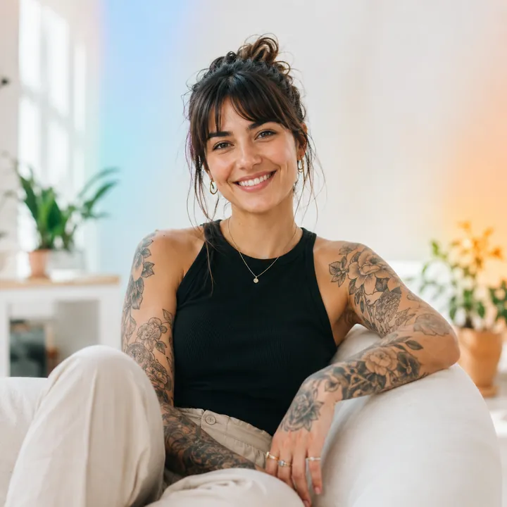 Smiling woman with full floral tattoo sleeves relaxing on a couch at home