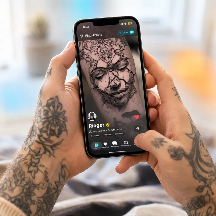Hands holding a phone with the TABOO app open on the Find Artists screen, showing a tattoo artist profile and portfolio