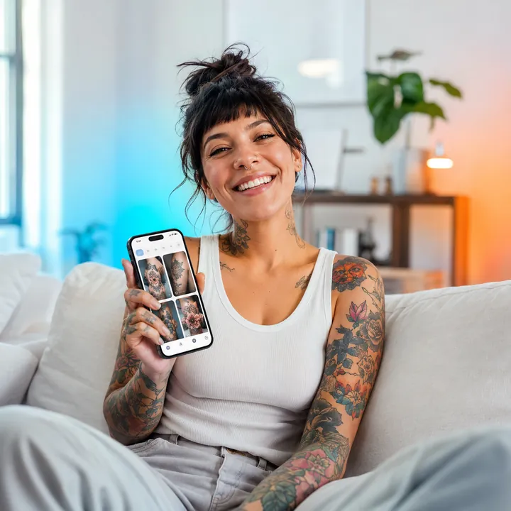 Smiling tattooed woman on a couch holding a phone that shows tattoo portfolios in the TABOO app