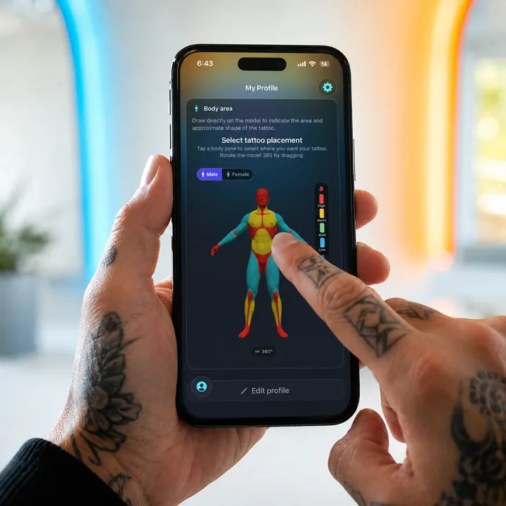 Hand using the TABOO app's interactive 3D body model with tattoo pain zones color-coded from low to high