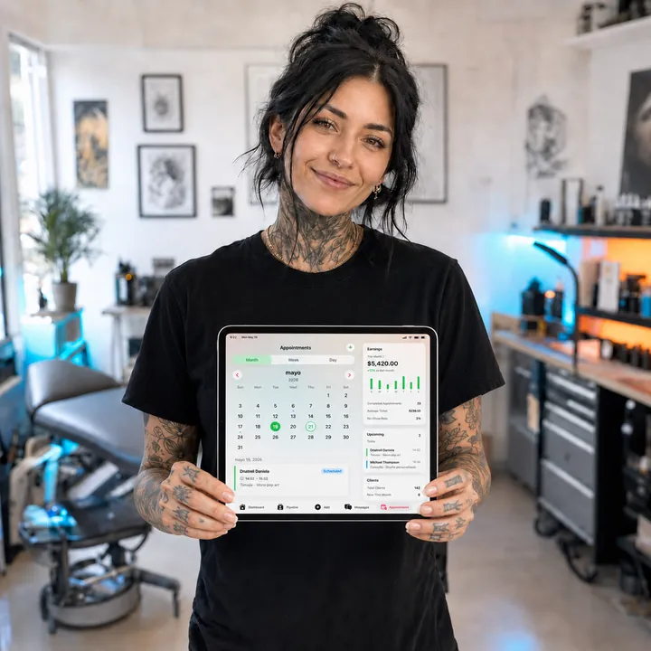 Tattoo artist in her studio holding a tablet with TABOO's appointment calendar and earnings dashboard