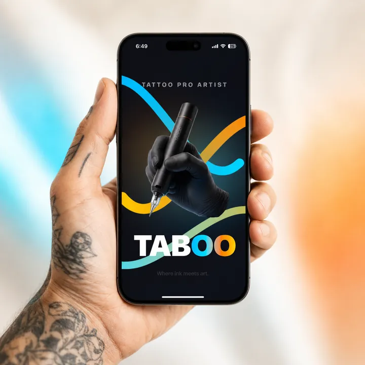 Hand holding a phone showing the TABOO app logo screen with a tattoo machine